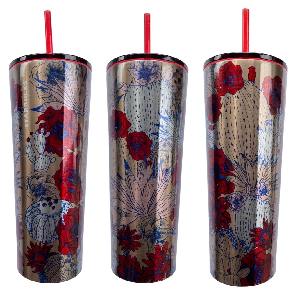 Rare Starbucks Desert Red Floral Cactus Stainless Steel Tumbler Cold Cup